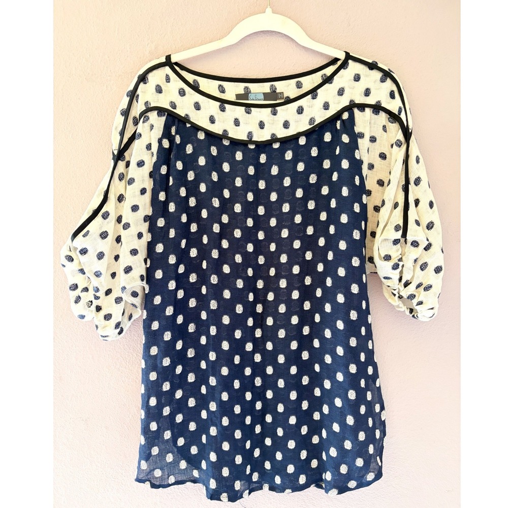 Eva Franco Anthropologie Blue‎ White Polka Dot 100% Linen Blouse Size 4